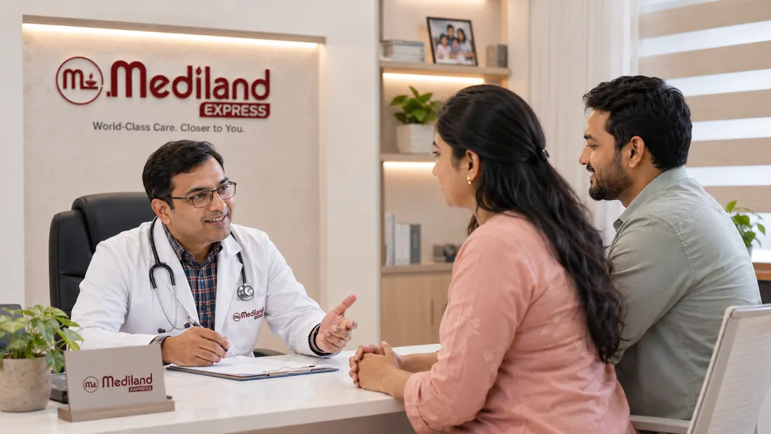 Mediland doctor consulting with a couple at the clinic