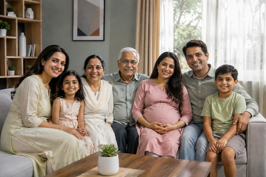 Three generations of a family together at home