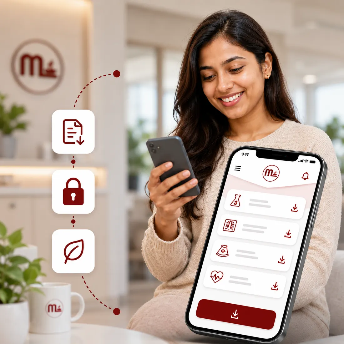 Woman downloading her medical reports on the Mediland Express app